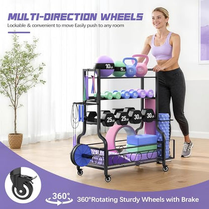 PARTPHONER Dumbbell Weight Rack, Home Gym Storage for Kettlebells Yoga Mat and Balls, All in One Workout Storage with Wheels and Hooks, Powder Coated Finish Steel - size: 39"(L)x15.8"(W)x39.8"(H)