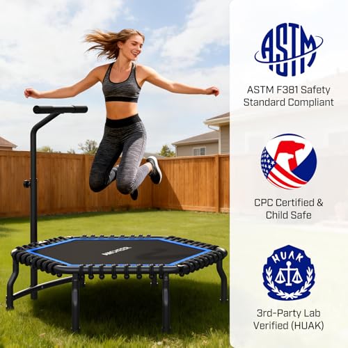 ANCHEER Trampoline, 50'' Rebounder Trampoline for Adult with Bar, Indoor Mini Trampoline, 550LBS Fitness Trampoline with Bungee, Jumping Cardio Equipment, Exercise Trampoline at Home Gym - color: Blue