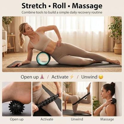 GymCope 5-in-1 Foam Roller Set with Back Roller, Massage Roller Stick, Spiky Ball, Fascia Ball and Stretch Band, 6 Inch Yoga Back Stretcher for Deep Stretch, Posture Support and Home Workout Recovery