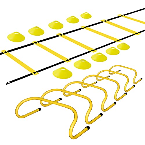 TNZMART Agility Ladder and Disc Cones Training Set Adjustable Rungs Training Ladder with 10 Plastic Sport Cones for Training - color: Yellow, 6 hurdles
