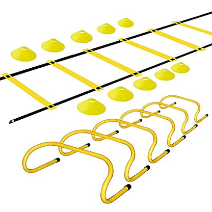 TNZMART Agility Ladder and Disc Cones Training Set Adjustable Rungs Training Ladder with 10 Plastic Sport Cones for Training - color: Yellow, 6 hurdles