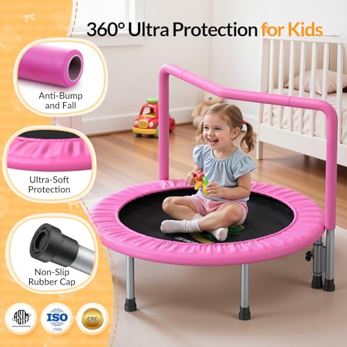 BCAN SP1 36'' Toddler Trampoline, ASTM Certified - Kids Trampoline for Ages 1-6, Foam Handle & Safe Thickened Cover, Mini Trampolines for Kids Indoor, Easy to Assemble| FED Fitness - color: Pink