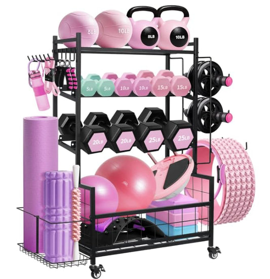 Dumbbell Rack, Weight Rack for Home Gym Dumbbells, Adjustable Barbell Rack for Kettlebells Yoga Mat & Balls, Sports Equipment Organizer Storage Rack - color: Black