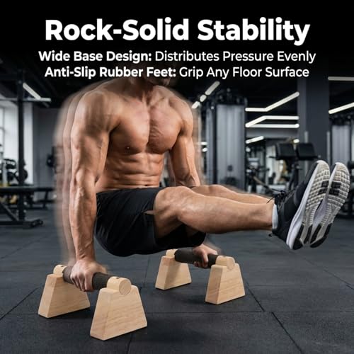 Wooden Parallettes Bars, 2 PCS Pushup Bars Calisthenics Equipment with Non-Slip Base Wrist Wraps, Pushup Handles Fitness Blocks Set for Strength Training, Planks Calisthenics