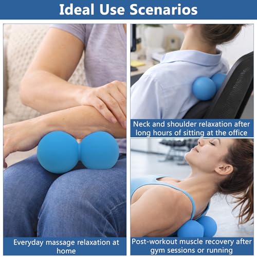 Peanut Double Massage Ball for Deep Tissue Therapy, Silicone Dual Lacrosse Mobility Ball for Myofascial Release, Trigger Point and Acupoint Massage with Carry Bag（Blue） ﻿