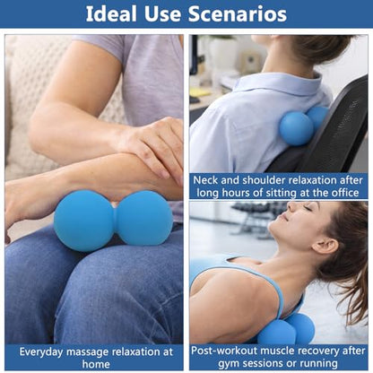 Peanut Double Massage Ball for Deep Tissue Therapy, Silicone Dual Lacrosse Mobility Ball for Myofascial Release, Trigger Point and Acupoint Massage with Carry Bag（Blue） ﻿