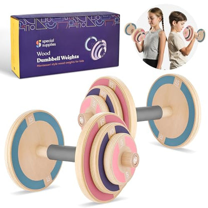 Special Supplies Kids Wooden Workout Play Weights Set - Adjustable Dumbbells and Barbell Set for Home Gym Equipment, Exercise Workout Set for Fitness Activities (Dumbbells)