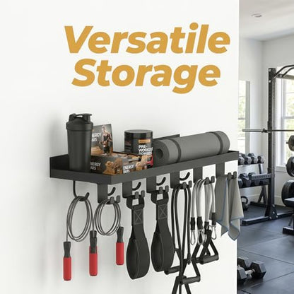 Floating Shelf Organizer Compatible with Tonal Accessories,16.9x6Home Gym Weight wall Storage Equipment Hanger, Metal Rack Holder Wall Mount with 5 T-Lock Brackets & Hooks Hanger (Black)
