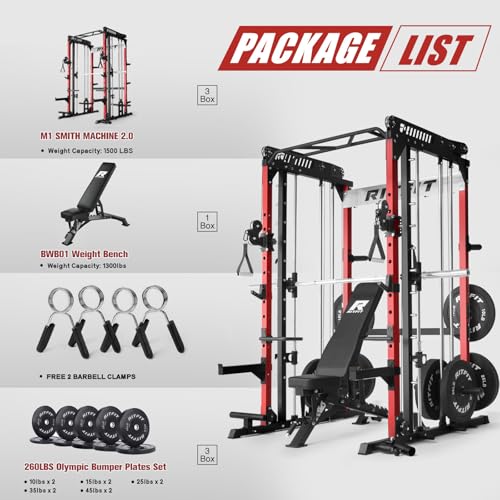 RitFit M1 Pro Smith Machine Cable Crossover Power Cage Home Gym - color: RED, size: M1 PRO (With BP260)