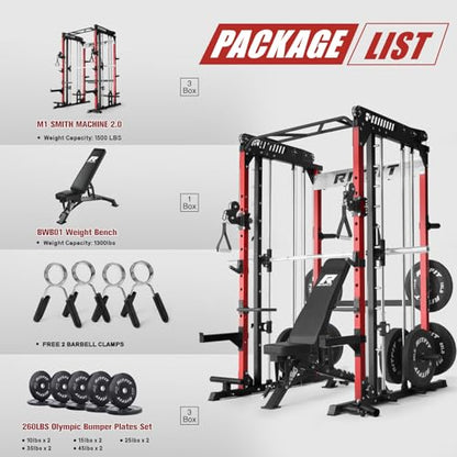 RitFit M1 Pro Smith Machine Cable Crossover Power Cage Home Gym - color: RED, size: M1 PRO (With BP260)