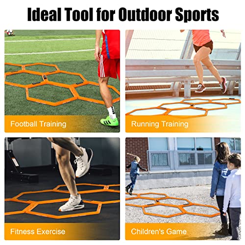 Hex Agility Rings Set of 6/12 Rings for Speed & Agility Footwork Training, Hexagon Ladder with Fitness Equipment Sport Workout Home Gym, Kids and Adults (Orange)