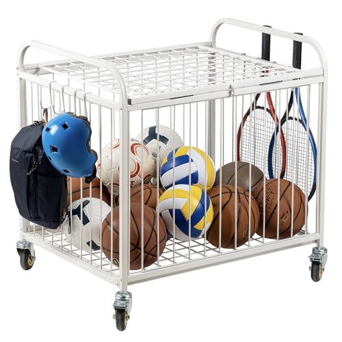 MyGift Large Capacity Metal Rolling Multi Sports Ball Cage Storage Hopper, Gym Equipment Basket Cart with Lockable Latch, Heavy Duty Caster Wheels, and 8 Accessory Hooks