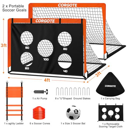 Toddler Soccer Goals for Backyard Set of 2, 4x3ft Portable Pop Up Soccer Net, Kids Soccer Training Equipment with Ball, Cones, Ladder, Scoring Target, 3-14Years Old Birthday Gifts for Boy Girl