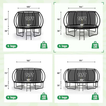 8FT 10FT 12FT 14FT 16FT Outdoor Trampoline with Safety Enclosure Net - color: Black, size: 16 FT