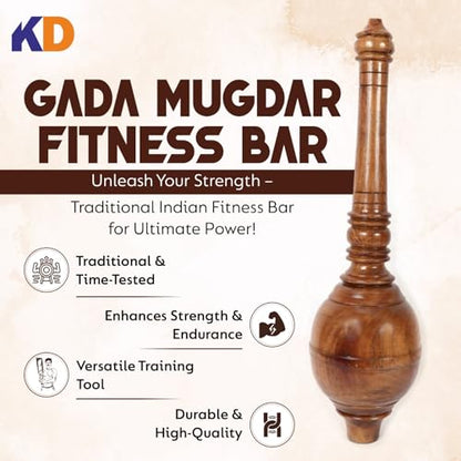 KNK GADA Fitness BAR Indian Club Hanuman MACE Shoulder Equipment MEEL Karla KATAI Fitness Durable Wooden Equipment - size: 14 to 15 KG
