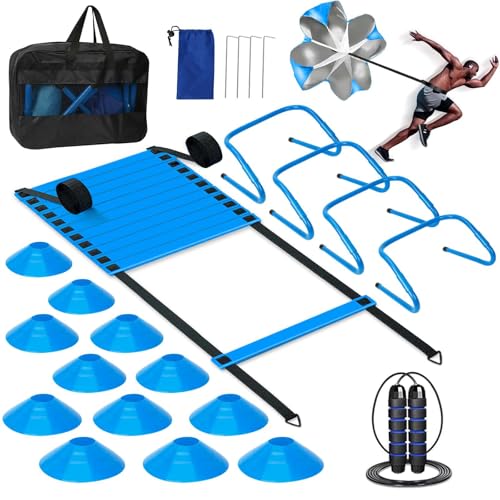 Agility Ladder, Soccer Training Equipment Set, 4 Agility Hurdles, 20ft Speed Ladder, Running Parachute, 12 Football Cones, Jump Rope | Soccer Basketball Athletes Speed Training