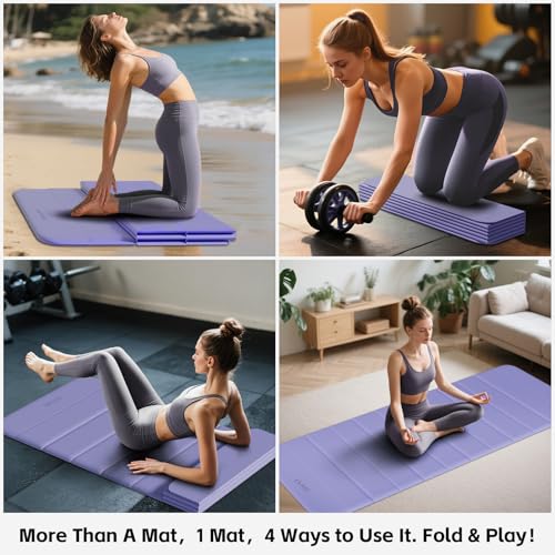 Foldable Yoga Mat,Thickened,0.4"Thick (10mm）,76"x26" | 12-Fold Design,SGS Certified TPE,Non-Slip & No Smell,Ultra Portability,For Yoga,Gym,Pilates,Home Workouts - color: Lilac