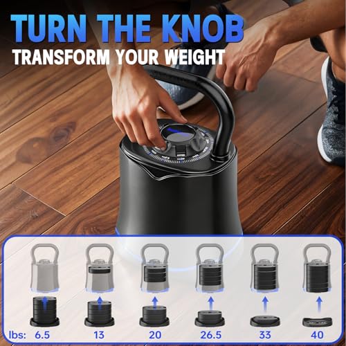 Adjustable Kettlebell，6-in-1 Quick Change Adjustable Kettlebell Set (6.5-40 LBS) for Home Gym - Space-Saving Design with Scratch-Resistant Rubber Base to Protect Floors, Two-Way Rotating Handle for Full Body Workouts