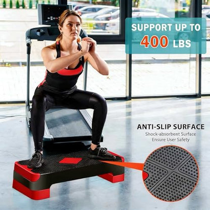 ZENY 26.5 inch Aerobic Step Platform with 4 Step Risers, Height Adjustable Exercise Stepper for Home Gym Workouts, 400 lbs Capacity - color: Red