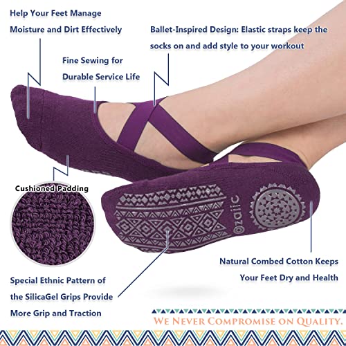 Ozaiic Pilates Socks for Women Non Slip Grip Yoga Barefoot Indoor Workout - color: 3 Pairs-purple/Rose Red/Bean Red