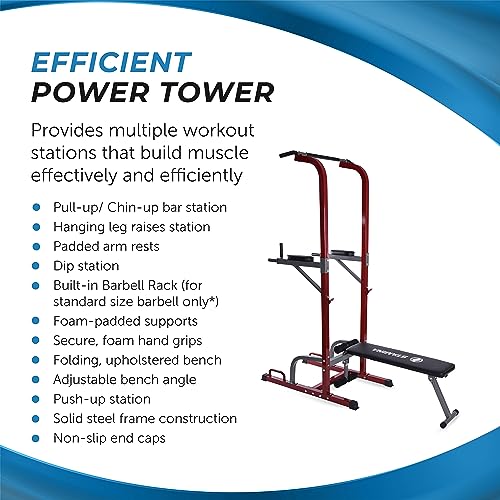 Stamina Full Body Power Tower 735 - Dip Bar with Built-in Bench and Rack - Pull Up Bar Station with Smart Workout App - Dip Bars for Home Workout - Up to 300 lbs Weight Capacity | Dip Bar with Built-in Bench and Rack; Pull Up Bar Station with Smart Workou