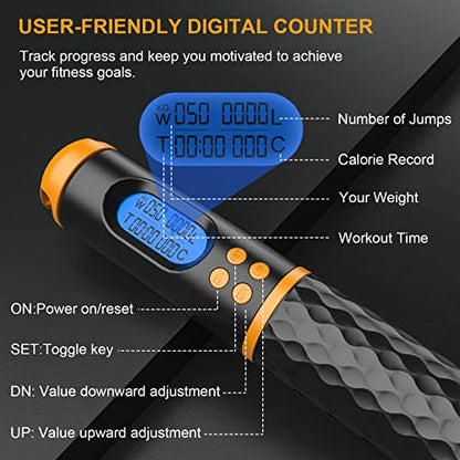 Smart Jump Rope, Multifun Speed Skipping Rope with Weight/Lap/Time/Calorie Counter Adjustable Digital Counting Jump Ropes for Home Gym, Cordless Jumping Rope for Men Women Kids