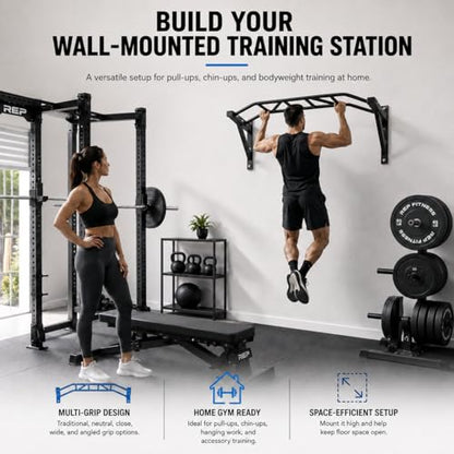 REP Fitness Heavy Duty Pull-Up Bar, Wall Mounted Multi-Grip or Bare Steel Straight Option, Home Gym Exercise Equipment for Chin Training, Garage Strength Workouts, Rings, Straps - style: Multi-Grip Arch