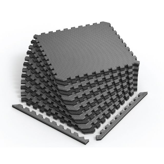 Reversible Gym Exercise Mats 3/4" Thick EVA Interlocking Foam Tiles, Perfect Home Gym Flooring, 12 Tiles & 24 Trim Pieces, 48 Sq. Ft. Reversible, Gray/Black - color: Gray/Black, size: 12 Tiles - 48 Sq. Ft.