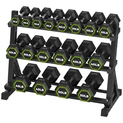 HANDBODE Hex Dumbbell Set with Rack, 300-840 lb Rubber Coated Fixed Weights Sets with Heavy Duty Storage Stand, Hexagon Shape, Multiple Weight Options Home Gym Equipment for Strength Training - style: 540 lb Set (10-50 lb) with Rack