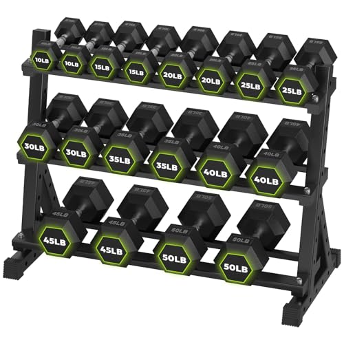 HANDBODE Hex Dumbbell Set with Rack, 300-840 lb Rubber Coated Fixed Weights Sets with Heavy Duty Storage Stand, Hexagon Shape, Multiple Weight Options Home Gym Equipment for Strength Training - style: 540 lb Set (10-50 lb) with Rack