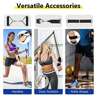 Resistance Bands Set (12pcs), Workout Bands with Handles, Door Anchor, Ankle Straps and Carry Bag, Exercise Bands for Shape Body and Home Workouts
