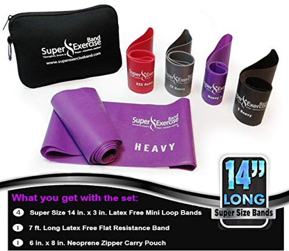 USA 14" x 3" Extra Long Latex Free Mini Loop and Flat Resistance Band 5 Set. in Light, Medium or Heavy Strength. Includes an Exclusive iPhone App, E-Book, and Carry Bag. - color: d. EXTRA HEAVY STRENGTH PURPLE Set