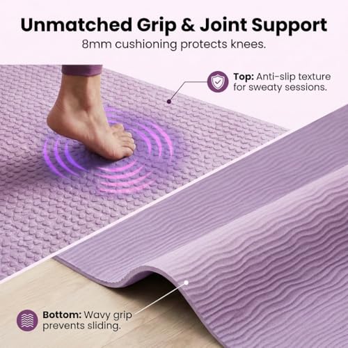 Foldable Travel Yoga Mat, 72"x32"x0.32" Extra Wide 8mm Thick Non-Slip Exercise Mat for Yoga, Pilates & Fitness-Purple