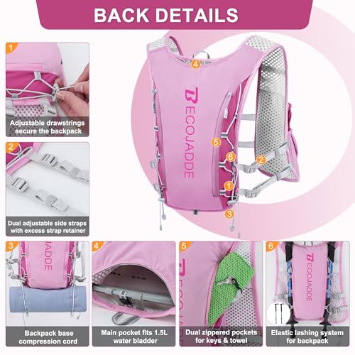 BECOJADDE Running Vest for Women Men, 5L/6L Lightweight Hydration Backpack Running Pack for Marathon, Trail, Cycling, Hiking, Jogging - color: Orchid Pink