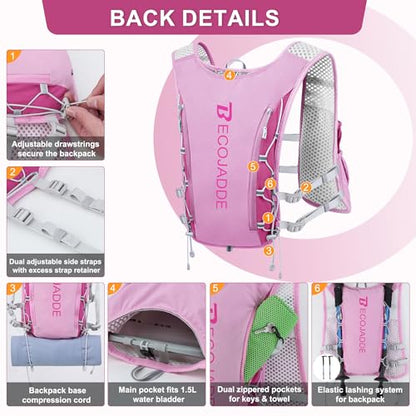 BECOJADDE Running Vest for Women Men, 5L/6L Lightweight Hydration Backpack Running Pack for Marathon, Trail, Cycling, Hiking, Jogging - color: Orchid Pink