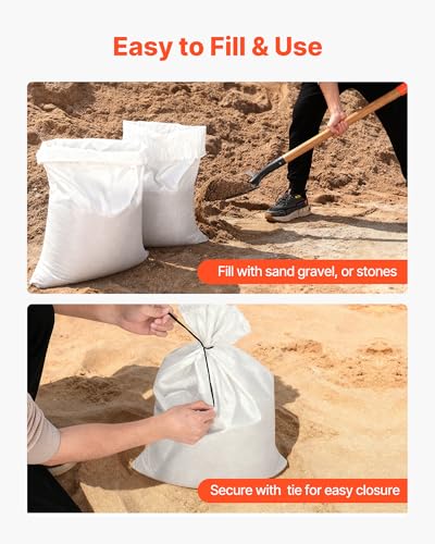 VEVOR Heavy Duty Sand Bags, 50Pack 14" x 26", Empty Sandbags for Flooding with Tie Strings, Woven Polypropylene Sand Bag with 1600 Hours of UV Protection, 50Lbs Capacity - size: 50 PACK