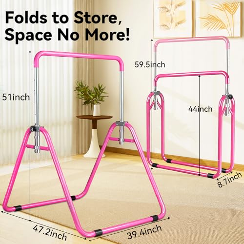 Kids Gymnastics Bar Gymnastic Equipment for Home Adjustable Height Gymnastic Training Bar Gymnastic Stuff for 3-7 Years Old Girls - color: Basic- Pink