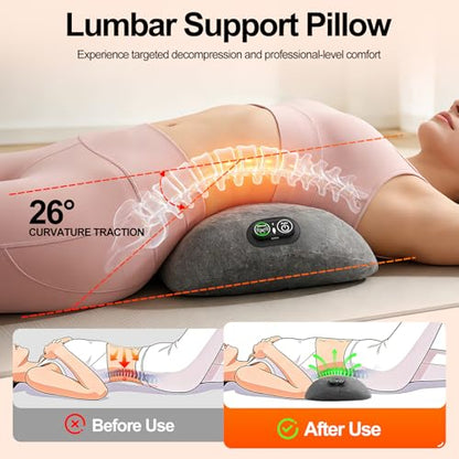 Portable 3-in-1 Electric Lumbar Support Pillow with Heat, Vibration & Traction – Back Massager for Pain Relief & Deep Tissue, Smooth Spine Triple Fusion Back Massager for Bed, Chair, Rechargeable