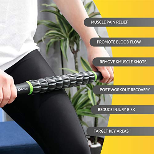 3DActive Massage Roller Stick for Muscle Recovery, Deep Tissue & Trigger Point Massage Muscleroller for Athletes for Post-Workout Recovery, Relieve Cramps & Release Muscle Tension - Green