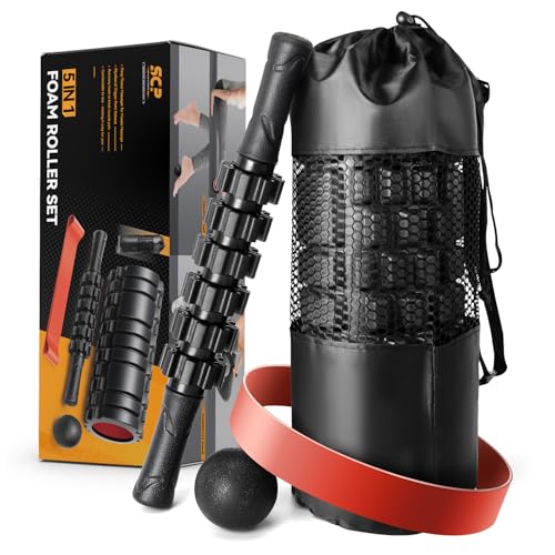 5 in1 Foam Roller Set, Trigger Point Foam Roller, Massage Roller Stick, Massage Ball, Resistance Band for Deep Muscle Massage Pilates Yoga,Fitness Exercise for Whole Body (Black-Red) - color: Black-red
