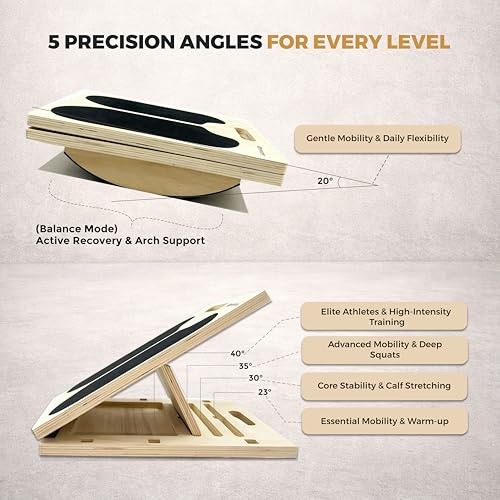 3-in-1 Adjustable Slant Board & Balance Board - Wooden Calf Stretcher and Squat Wedge - 5 Angle Incline Board for Stretching Equipment & Exercise - Includes Resistance Band - (400LBS)