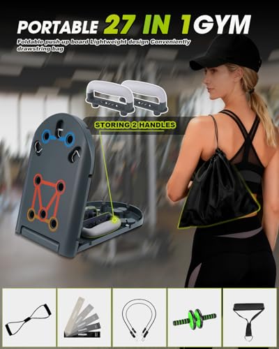 Hikeen Home Workout Equipment to Help Achieve Fitness Goals, 27-in-1 Portable Gym Exercise Equipment with Compact Push-Up Board, Resistance Bands, Ab Roller Wheel, and Pilates Bar, Master Your Workout