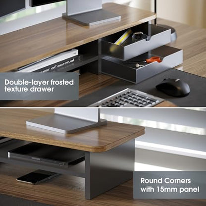 Fenge Monitor Stand, Desk Computer Riser with Frosted Storage Drawer, Brown - color: Brown