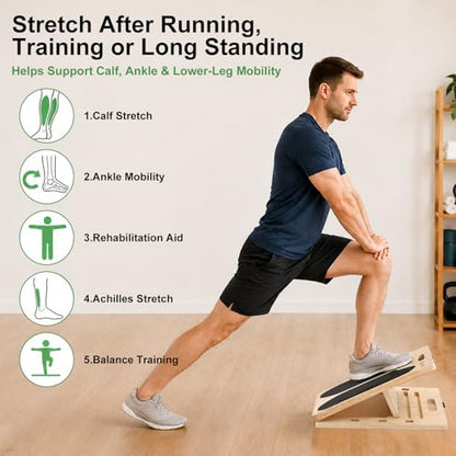 Wooden Slant Board for Calf Stretching and Achilles Stretch, 2-in-1 Adjustable Calf Stretch Board & Balance Board for Ankle Mobility, Physical Therapy and Stability Training