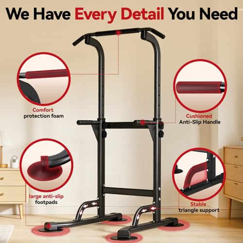Power Tower Pull Up Dip Station Foldable, Pull Up Bar Station Adjustable, Multi-Function Home Gym, Strength Training Fitness Equipment, Triangular Design, for Home Outdoor - color: Black-Max 260 lbs