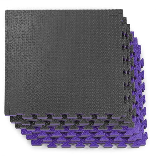 1" Extra Thick 48 sq ft Reversible EVA Gym Foam Floor Mat Tiles (24" x 24"), Steel Pattern, 12 pcs, Black/Purple
