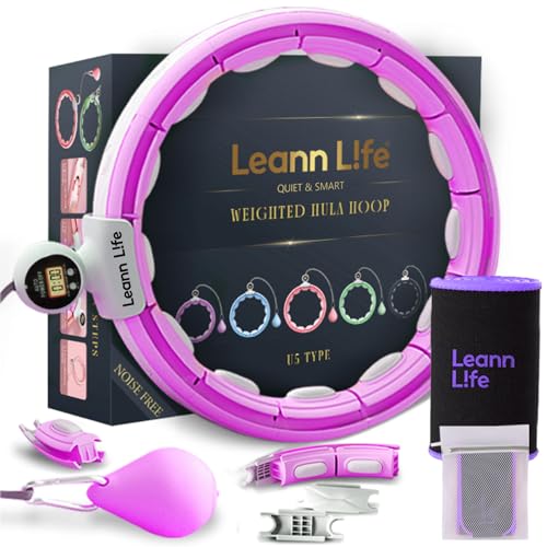 U5 Smart Weighted Hula Hoop with Counter, Waist Trimmer & Wash Bag –16 Knots, 28"–46" Adjustable Infinity Hoop Plus Size, Quiet Rubberized Wheels, Abdominal Toner - color: Purple + Waist Trimmer