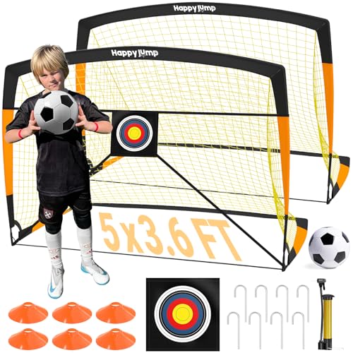 Happy Jump 7x5' & 5x3.6' Portable Soccer Goals for Kids Ages 6-14, Weatherproof Net and Steel Frame for Backyard Fun and Outdoor Training, Quick Setup and Sturdy for All Weather Conditions