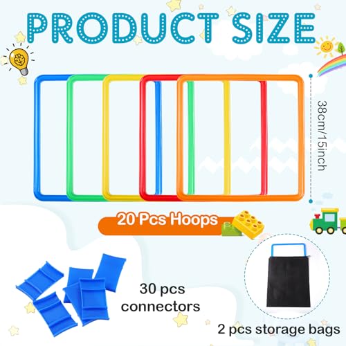2 Sets of Hopscotch Outdoor Squares 20 Pcs Hopscotch Ring Game with 30 Pcs Connectors Outdoor Indoor Obstacle Course for Kids Playground Agility Training(15 Inch,Square) - style: Square