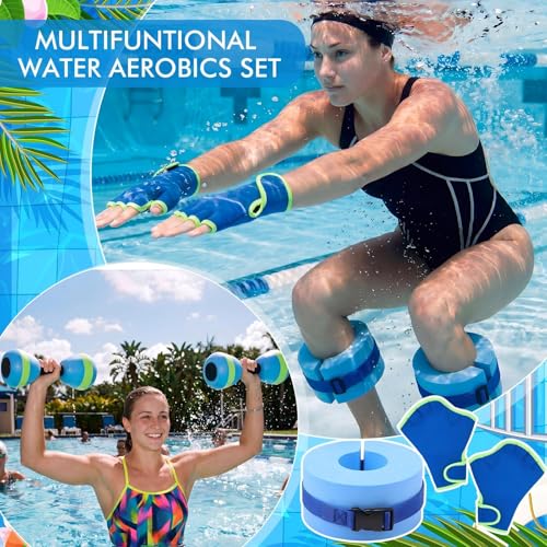 Water Aerobics Set Aquatic Exercise Set Include Water Foam Dumbbell Swim Aquatic Cuffs Ankle Arm Swimming Glove Pool Resistance Weights Pool Fitness Equipment for Training - color: Light Blue
